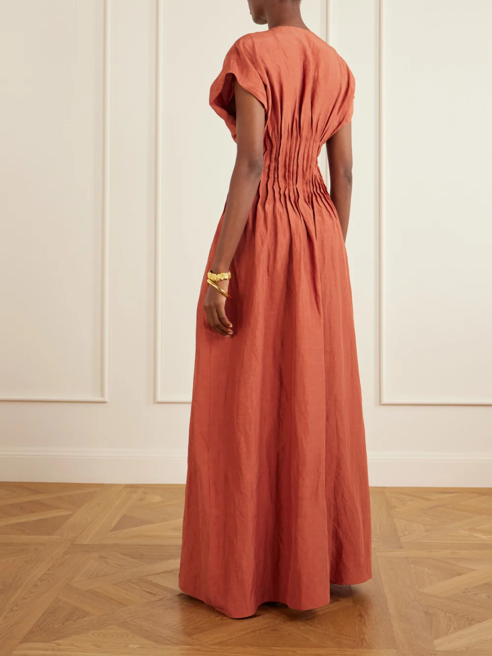Back view of the Cortana Elena Gathered Woven Maxi Dress
