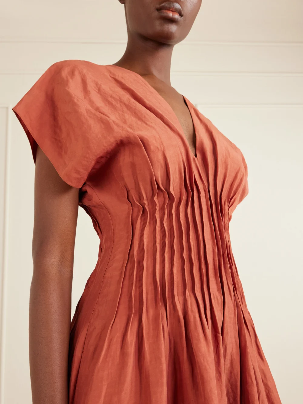 Close-up detail of the Cortana Elena Gathered Woven Maxi Dress