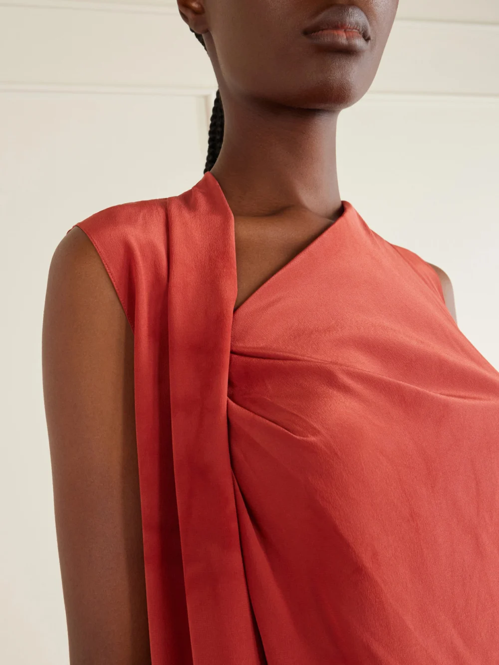 Close-up detail of the Cortana Estela One-shoulder Silk-chiffon Maxi Dress