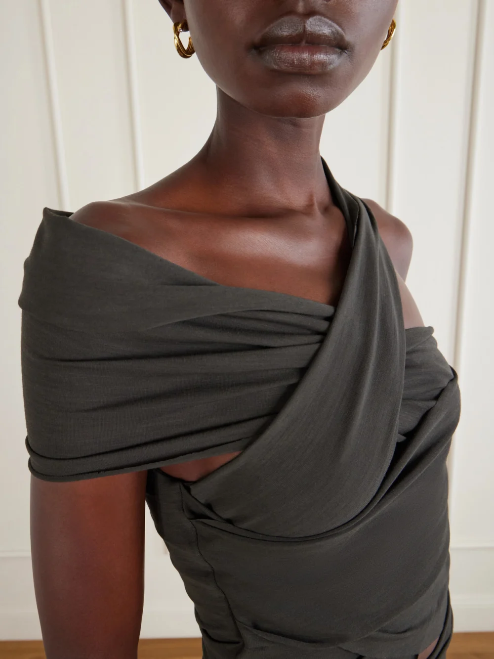 Close-up detail of the Cortana Myia Asymmetrical Crepe Blouse