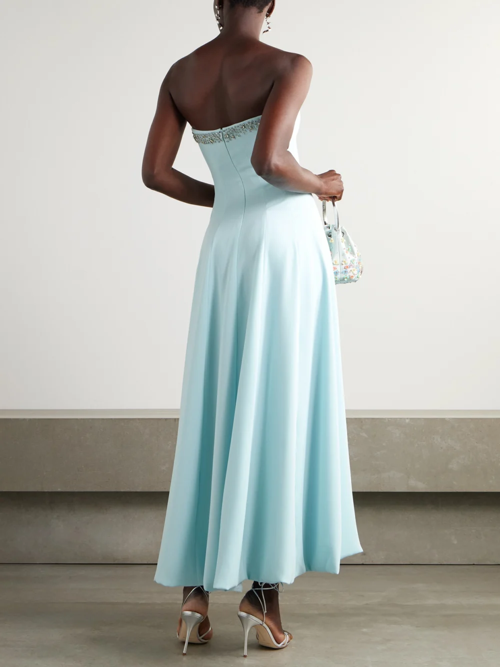 Back view of the Costarellos Aldina Strapless Pleated Crystal-embellished Crepe Midi Dress