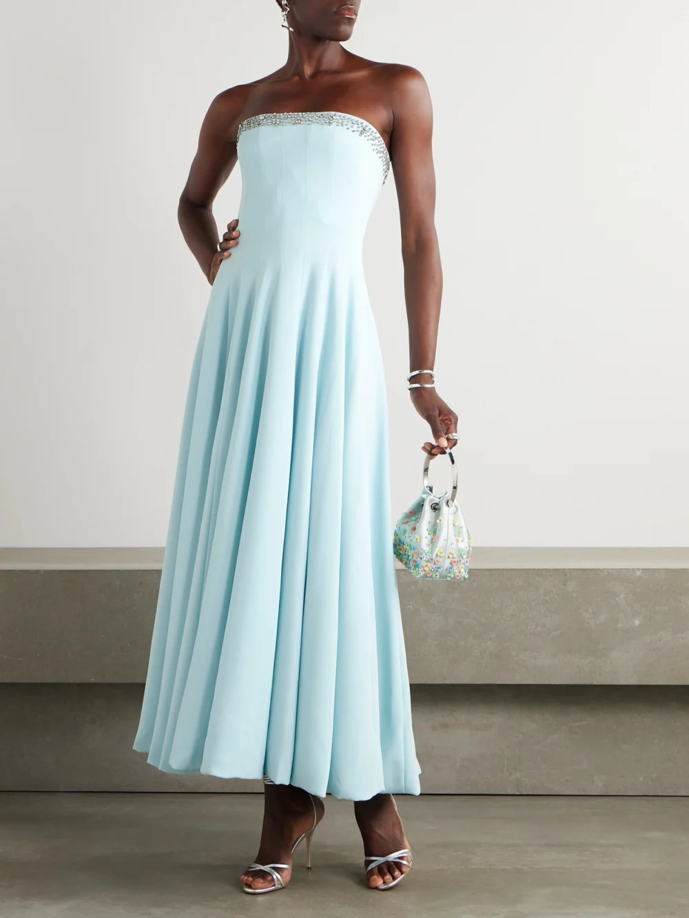 Costarellos Aldina Strapless Pleated Crystal-embellished Crepe Midi Dress, worn by a model