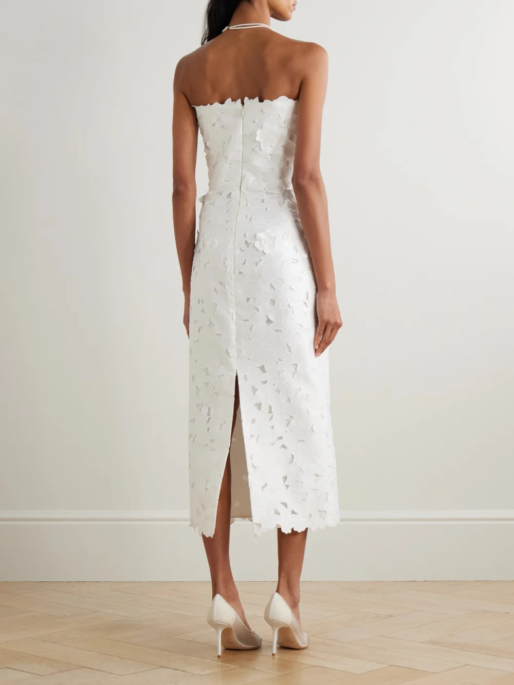 Back view of the Costarellos Astelle Strapless Guipure Lace Midi Dress