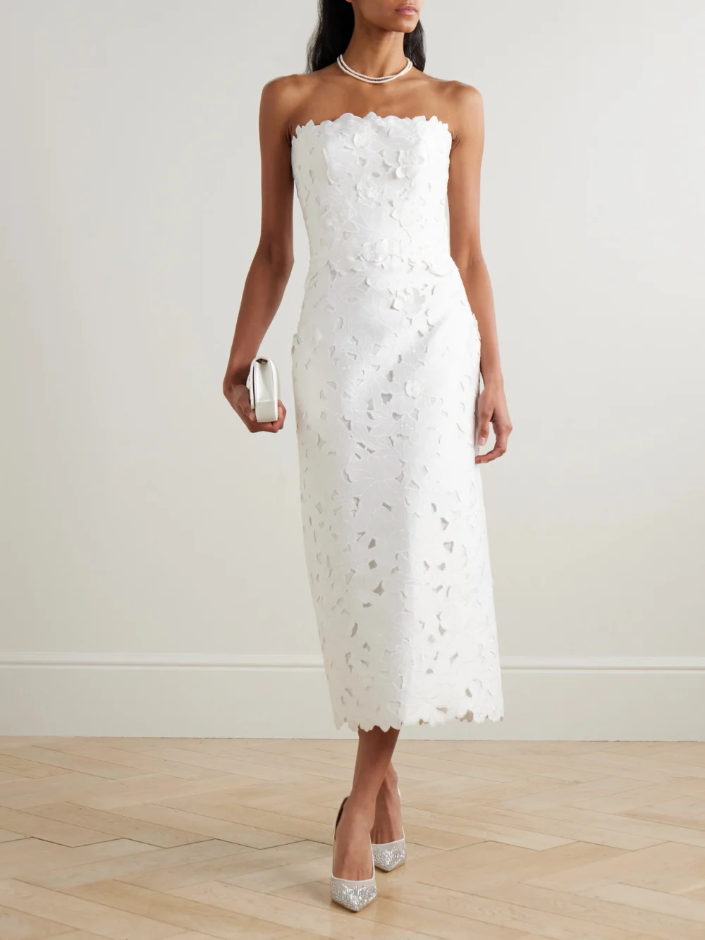Costarellos Astelle Strapless Guipure Lace Midi Dress, worn by a model