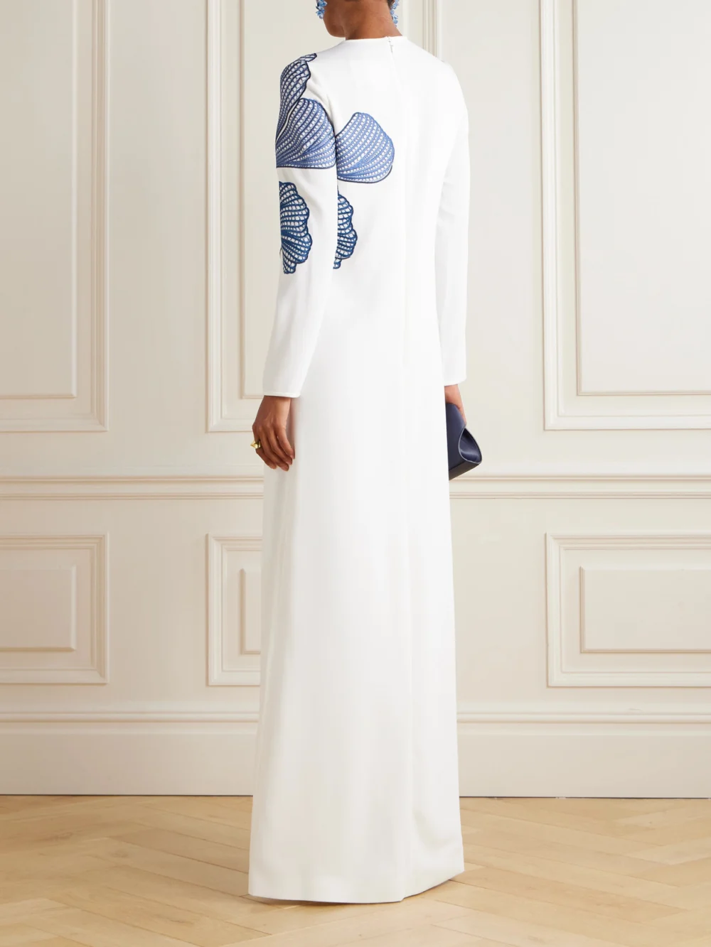 Back view of the Costarellos Austie Embroidered Crepe Gown
