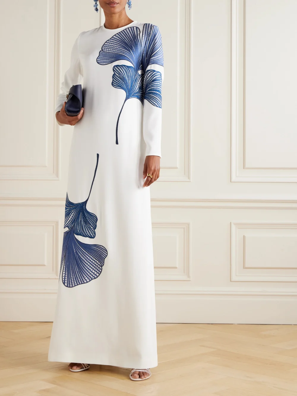 Costarellos Austie Embroidered Crepe Gown, worn by a model