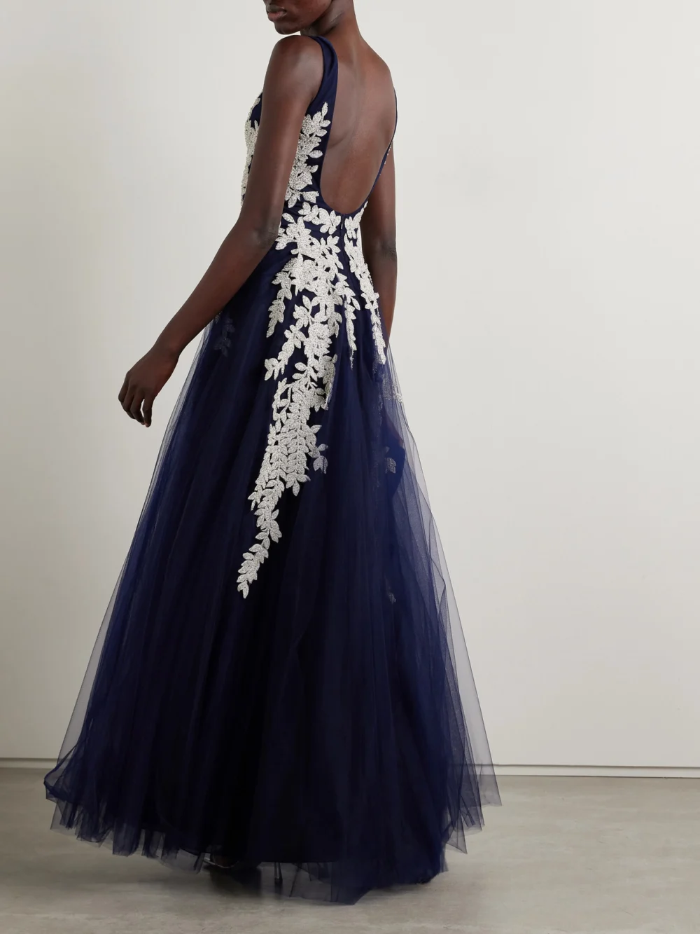 Back view of the Costarellos Bead-embellished Embroidered Tulle Gown