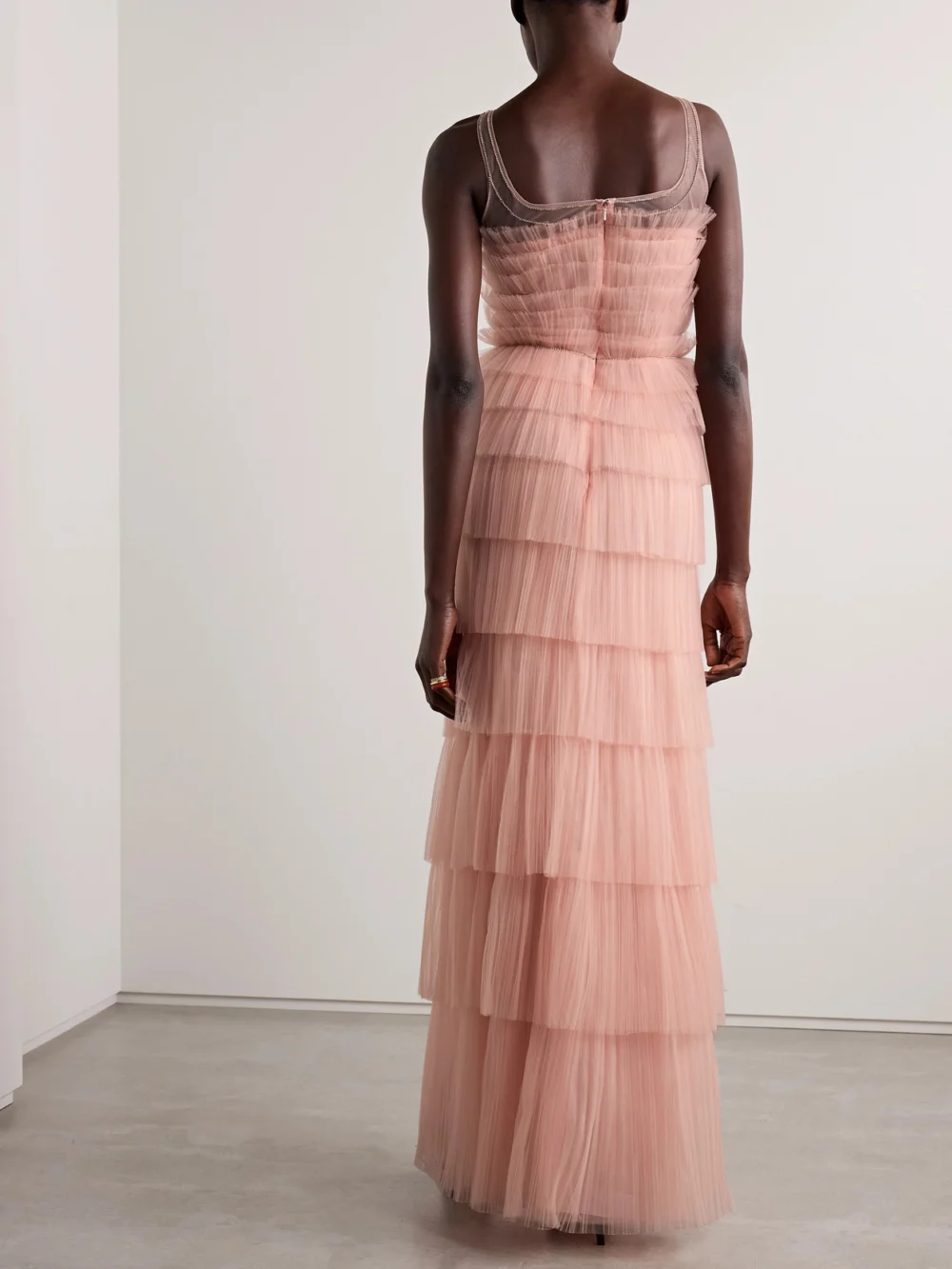 Back view of the Costarellos Crystal-embellished Tiered Plissé-tulle Gown