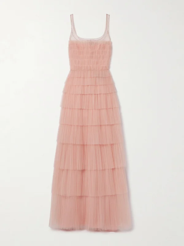 Costarellos Crystal-embellished Tiered Plissé-tulle Gown