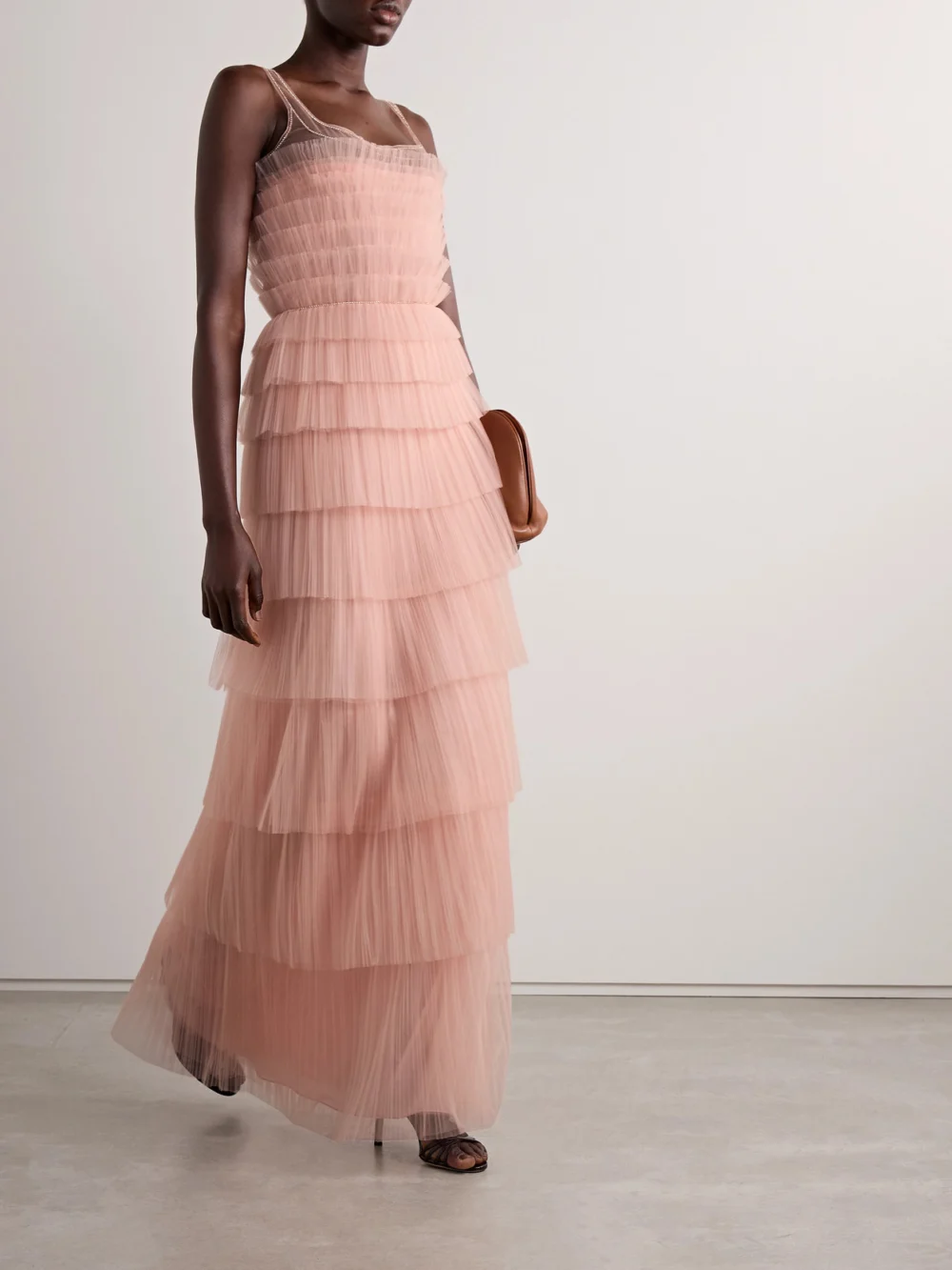 Costarellos Crystal-embellished Tiered Plissé-tulle Gown, worn by a model
