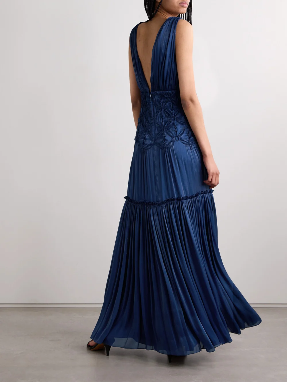 Back view of the Costarellos Gathered Tiered Plissé-satin Gown