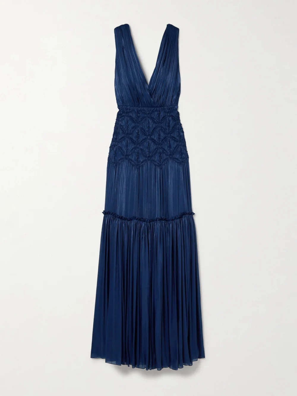 Costarellos Gathered Tiered Plissé-satin Gown in navy