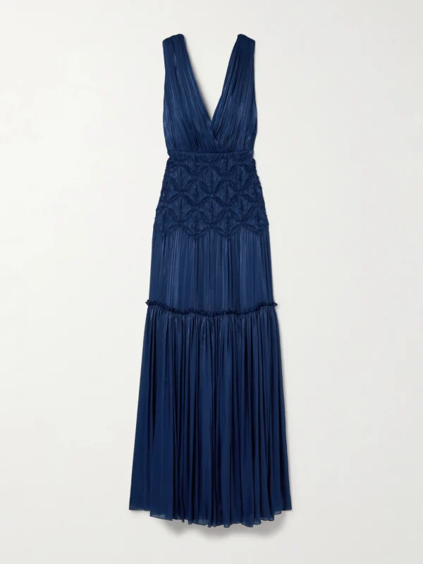 Costarellos Gathered Tiered Plissé-satin Gown