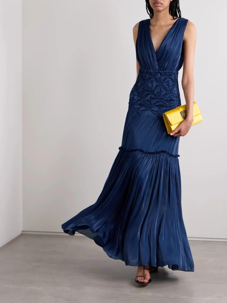 Costarellos Gathered Tiered Plissé-satin Gown