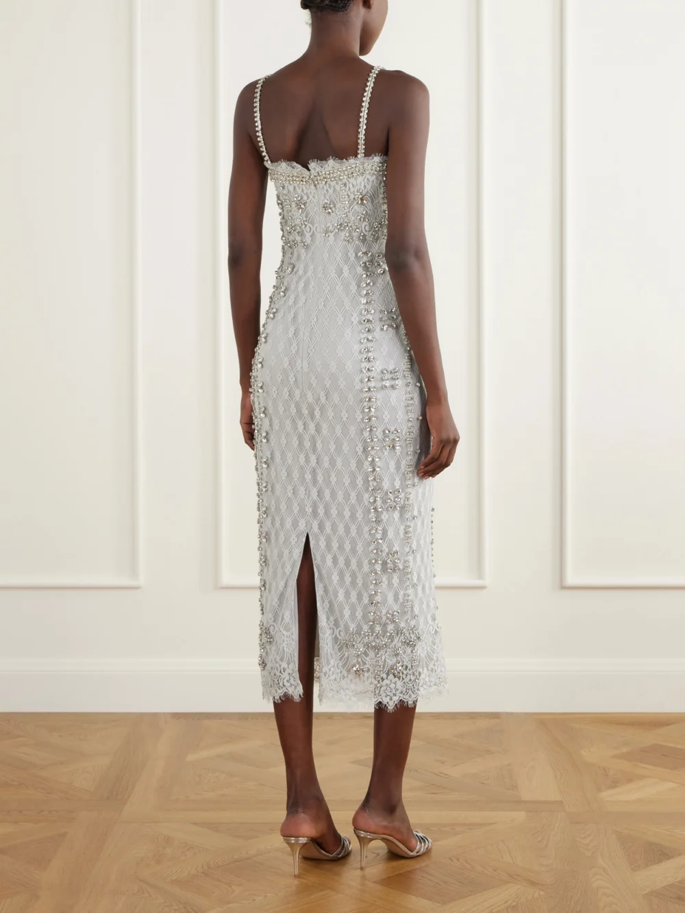 Back view of the Costarellos Leona Crystal-embellished Lace Gown