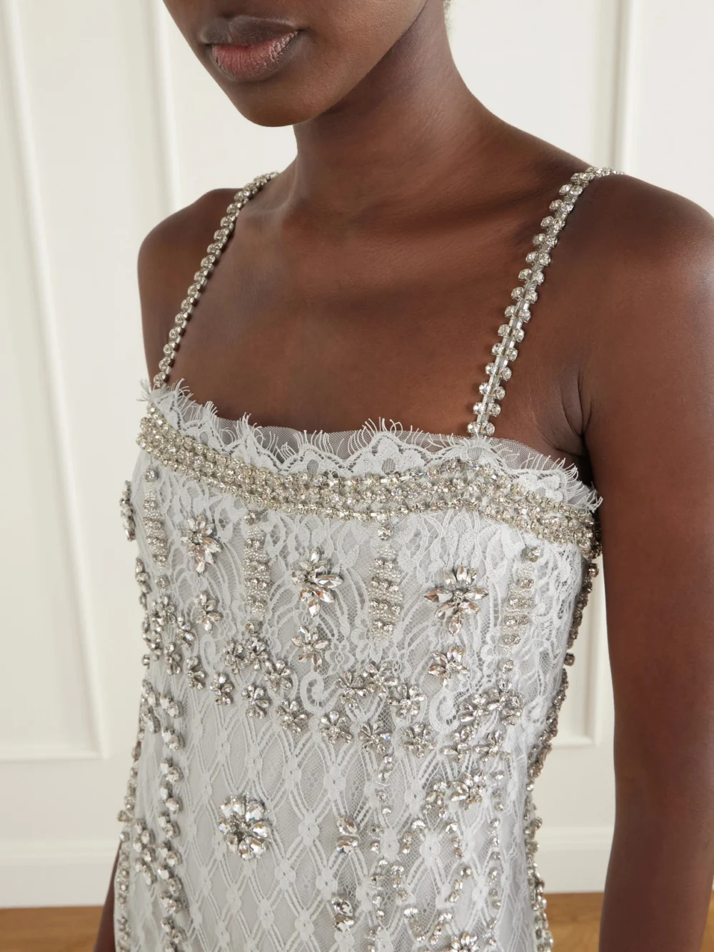 Close-up detail of the Costarellos Leona Crystal-embellished Lace Gown