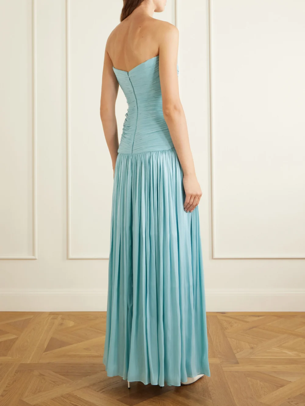 Back view of the Costarellos Minari Strapless Lurex-georgette Gown