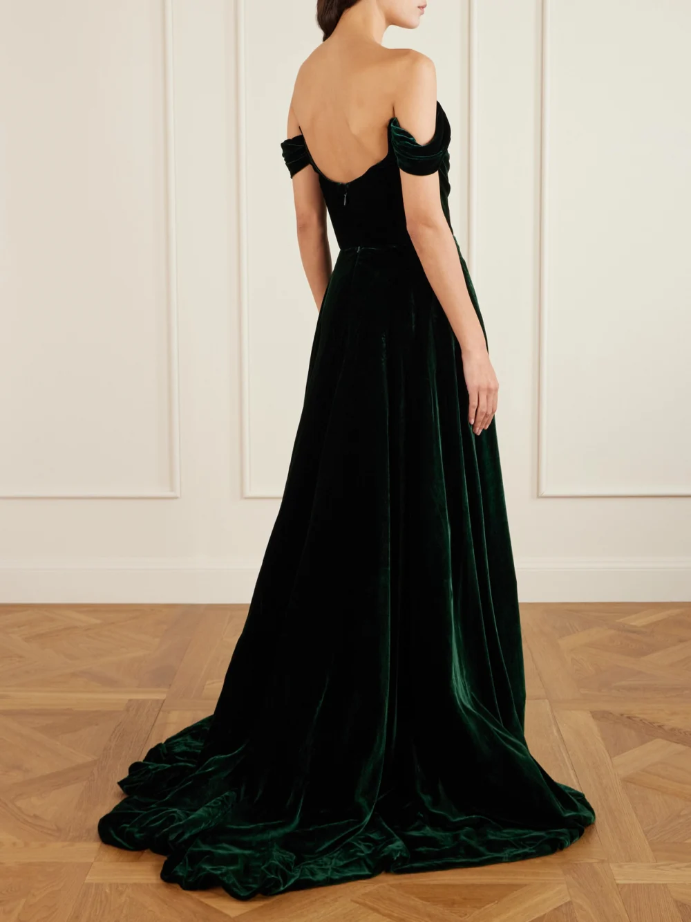 Back view of the Costarellos Off-the-shoulder Asymmetric Velvet Gown