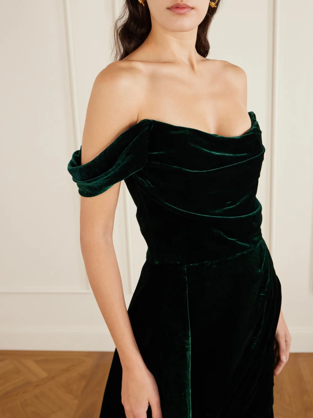 Close-up detail of the Costarellos Off-the-shoulder Asymmetric Velvet Gown