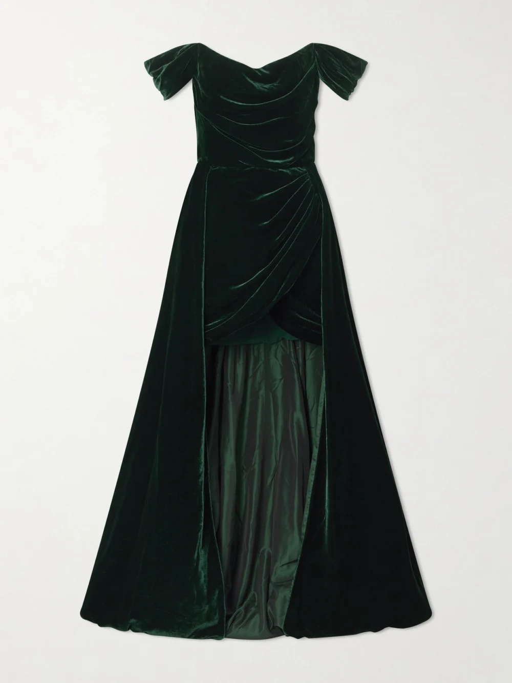 Costarellos Off-the-shoulder Asymmetric Velvet Gown in dark green