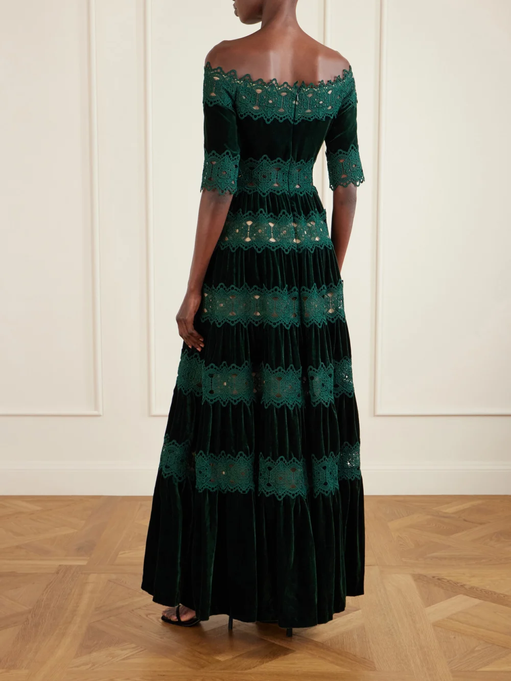 Back view of the Costarellos Off-the-shoulder Striped Lace and Velvet Gown