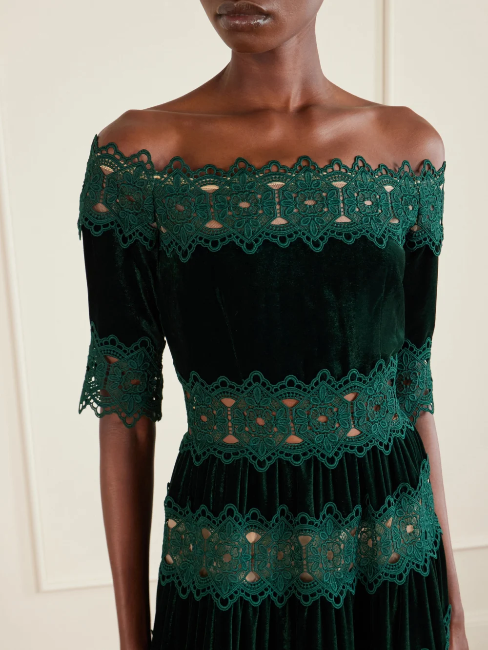 Close-up detail of the Costarellos Off-the-shoulder Striped Lace and Velvet Gown