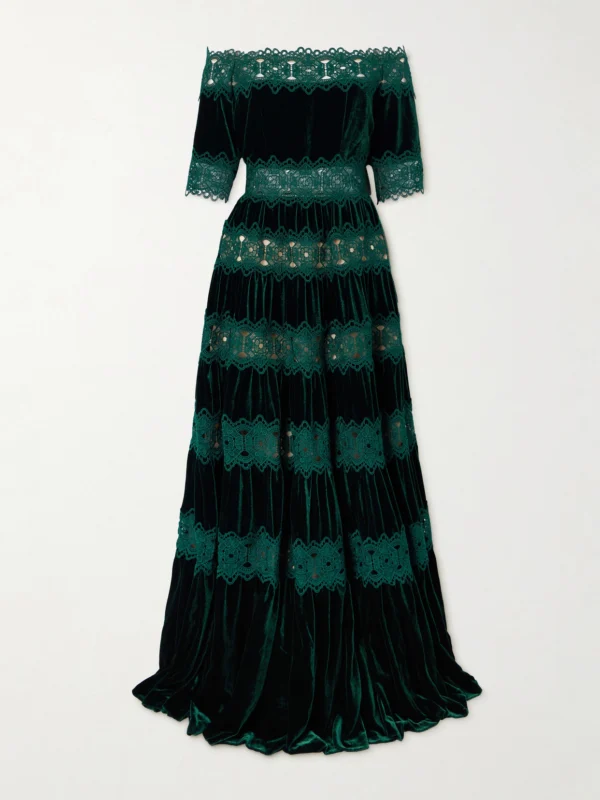 Costarellos Off-the-shoulder Striped Lace and Velvet Gown