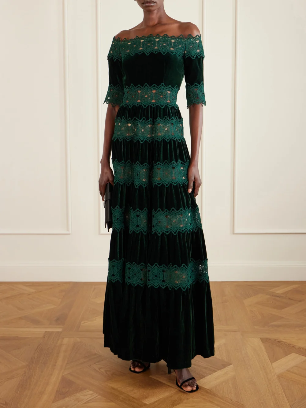Costarellos Off-the-shoulder Striped Lace and Velvet Gown, worn by a model