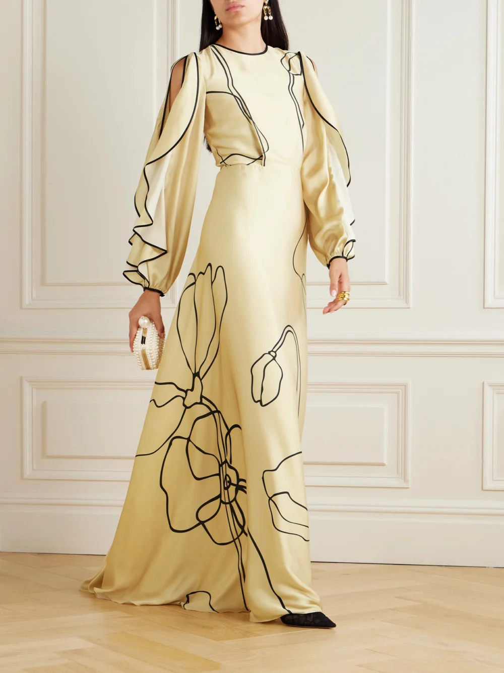 Costarellos Priela Ruffled Cutout Floral-print Satin Gown, worn by a model