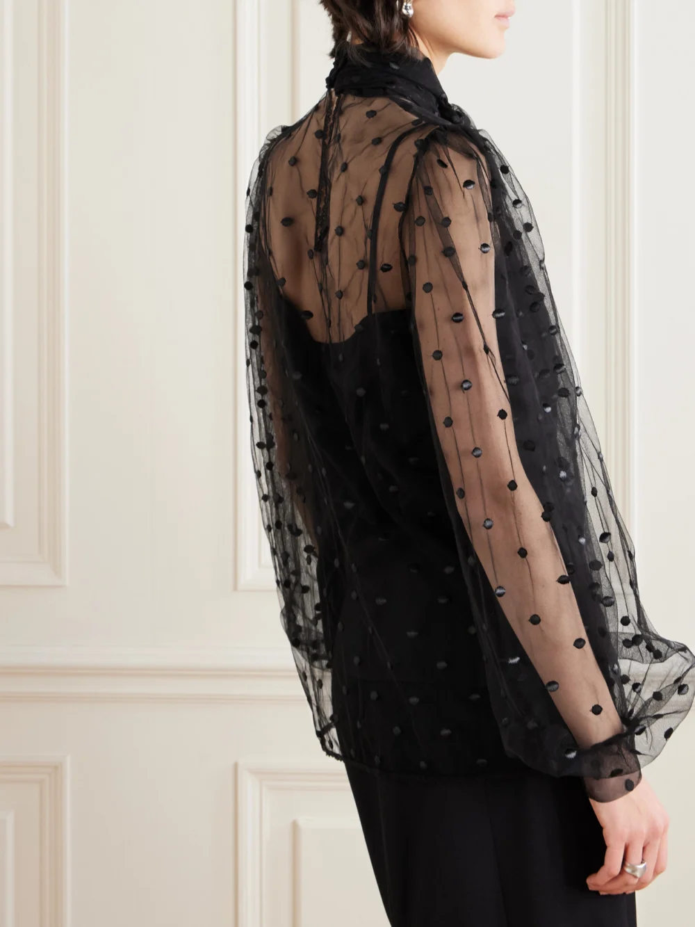 Back view of the Costarellos Pussy-bow Point D'esprit Blouse