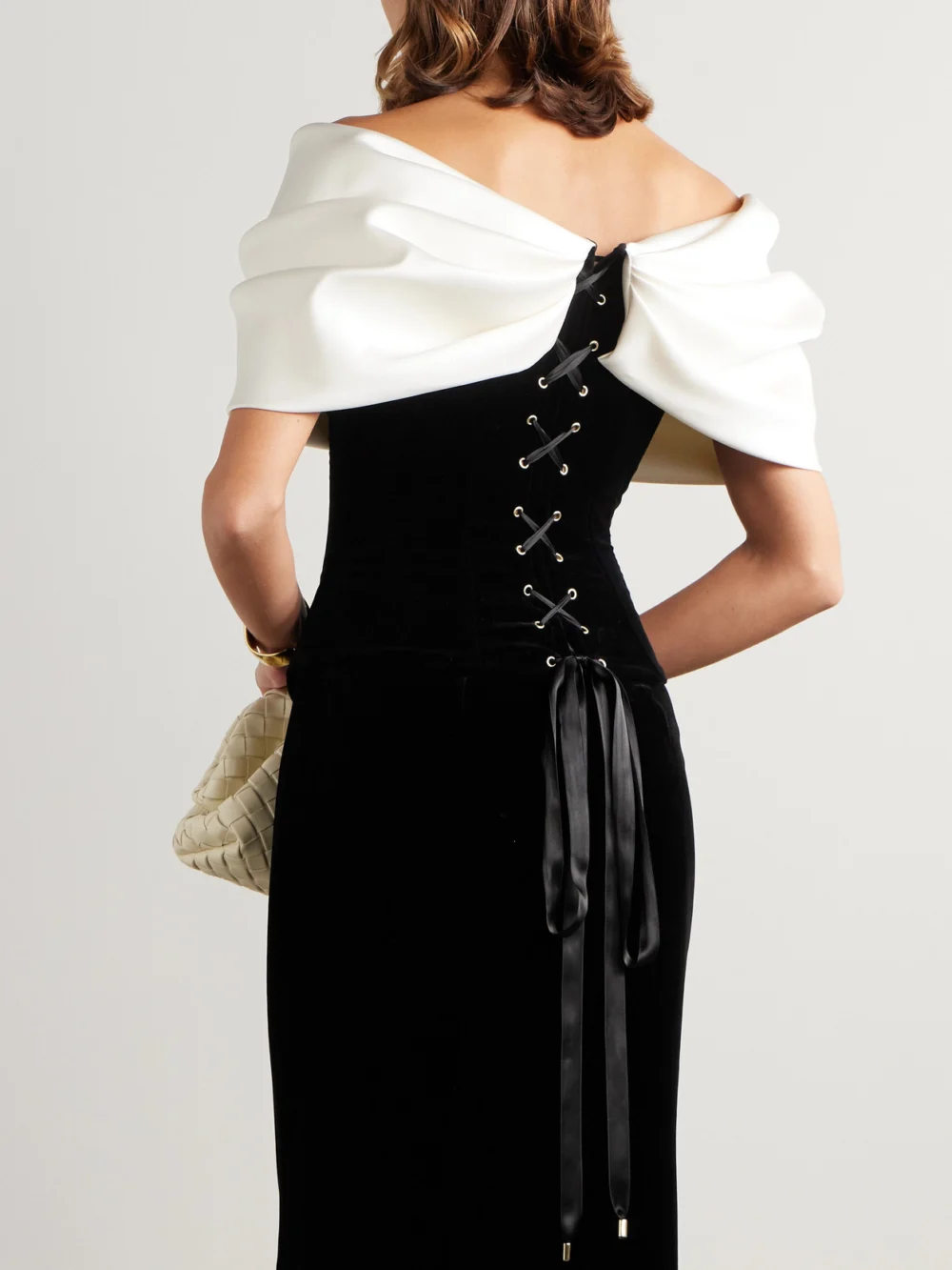 Back view of the Costarellos Rosamund Bow-detailed Lace-up Crepe and Velvet Bustier Top