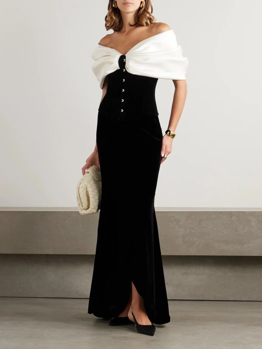 Costarellos Rosamund Bow-detailed Lace-up Crepe and Velvet Bustier Top, worn by a model