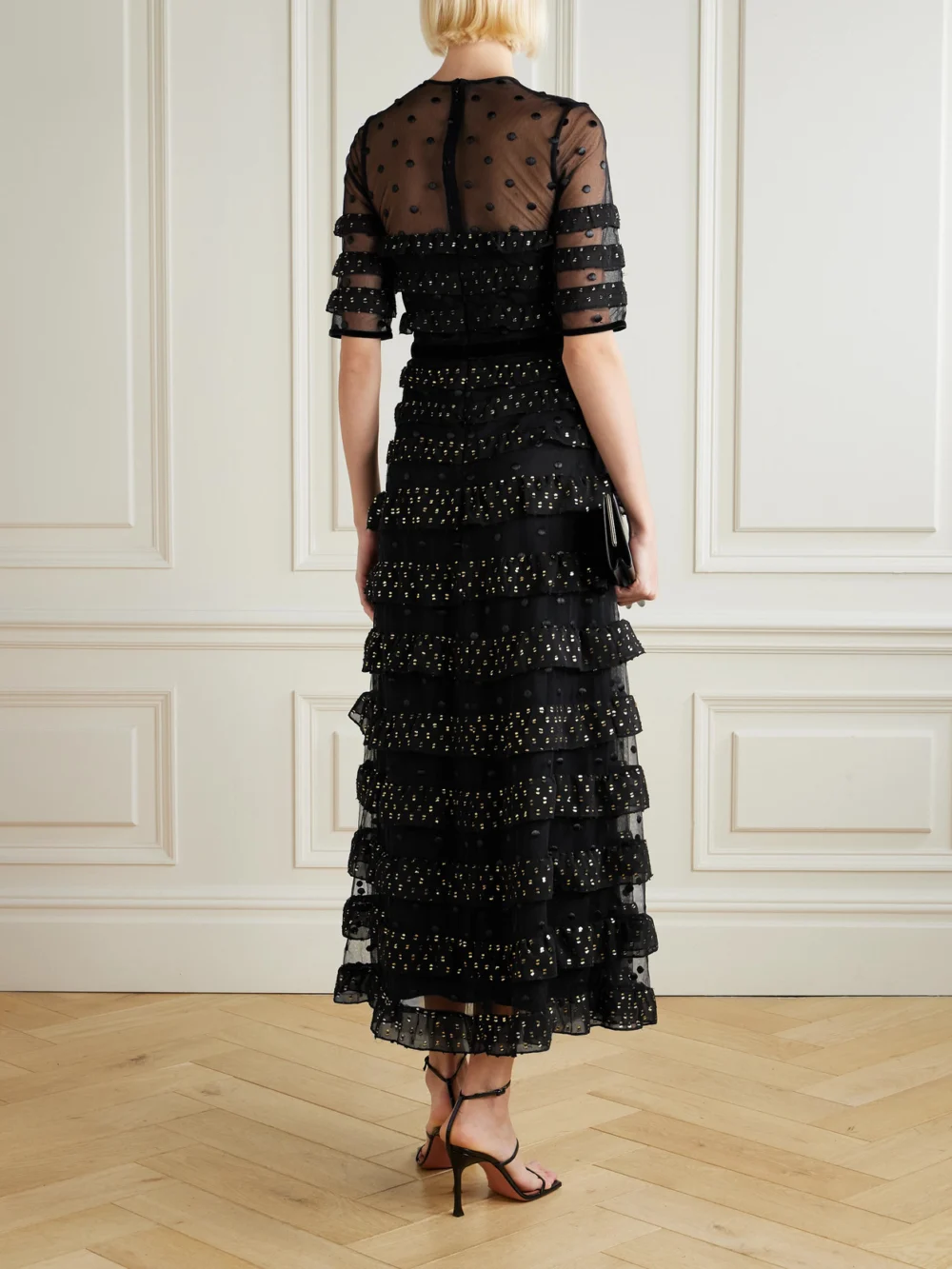 Back view of the Costarellos Ruffled Fil Coupé Tulle and Chiffon Midi Dress