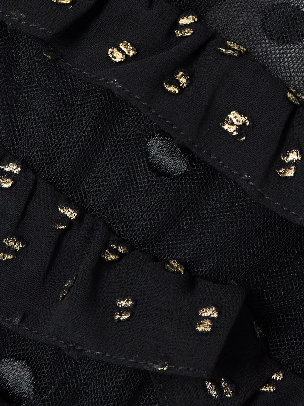 Close-up detail of the Costarellos Ruffled Fil Coupé Tulle and Chiffon Midi Dress