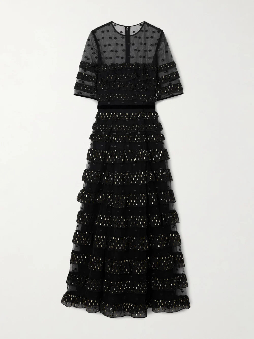 Costarellos Ruffled Fil Coupé Tulle and Chiffon Midi Dress in black