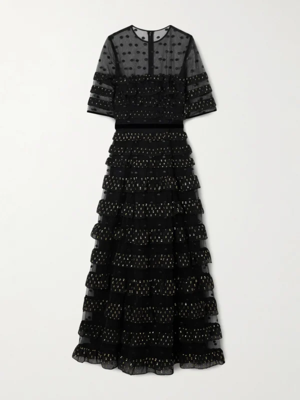 Costarellos Ruffled Fil Coupé Tulle and Chiffon Midi Dress