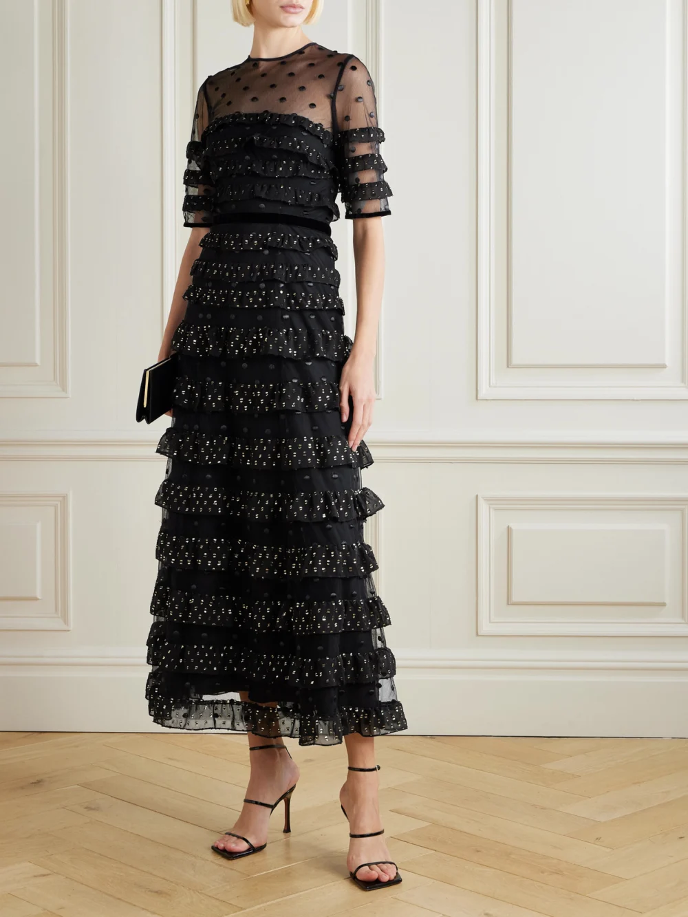Costarellos Ruffled Fil Coupé Tulle and Chiffon Midi Dress, worn by a model