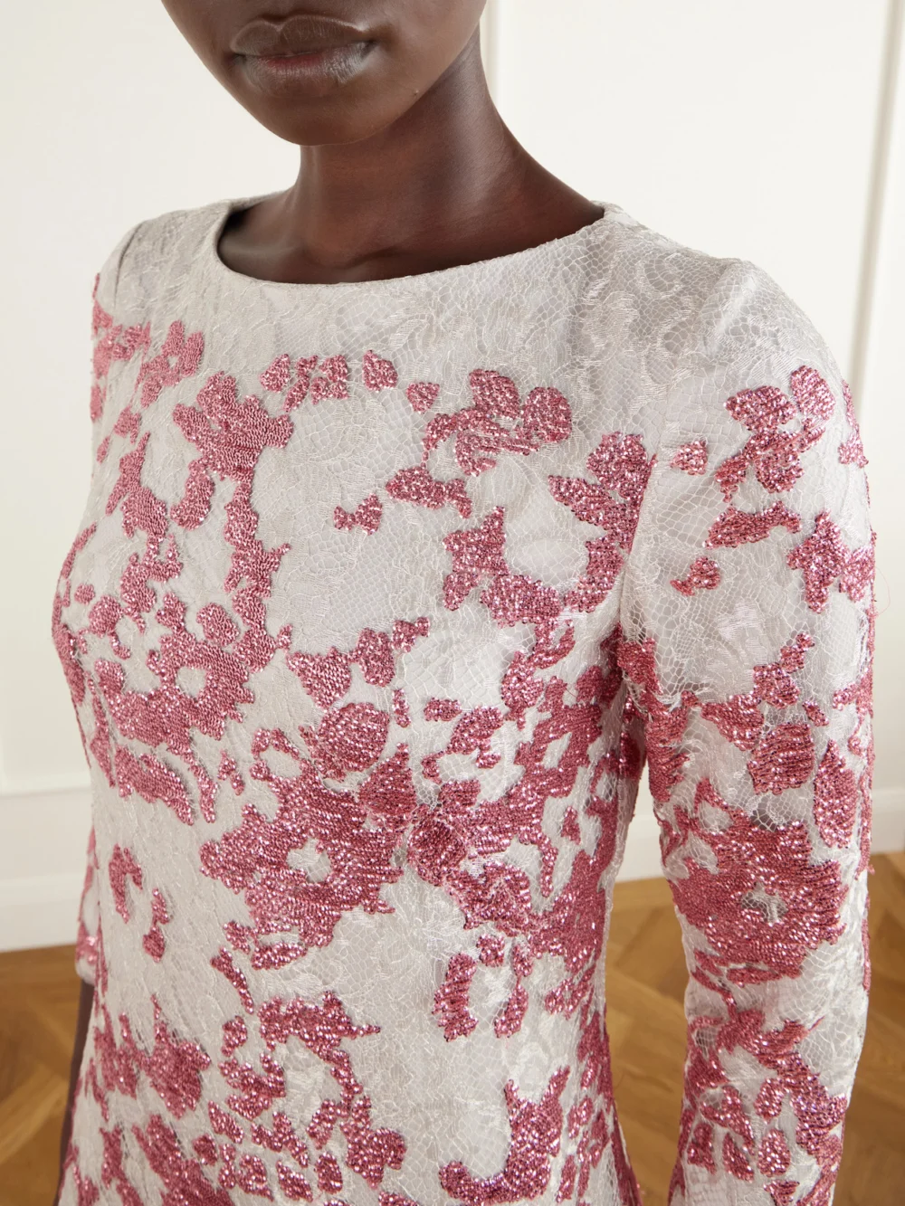 Close-up detail of the Costarellos Santina Sequin-embellished Lace Gown