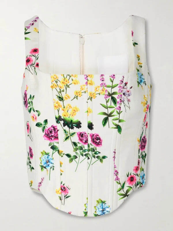 Costarellos Sequin-embellished Floral-print Cotton and Linen-blend Twill Bustier Top