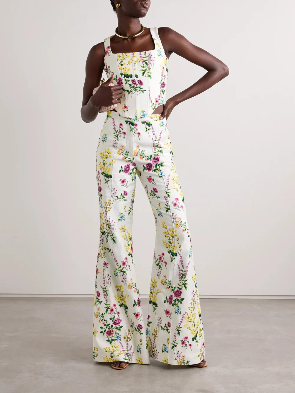 Costarellos Sequin-embellished Floral-print Cotton and Linen-blend Twill Bustier Top, worn by a model