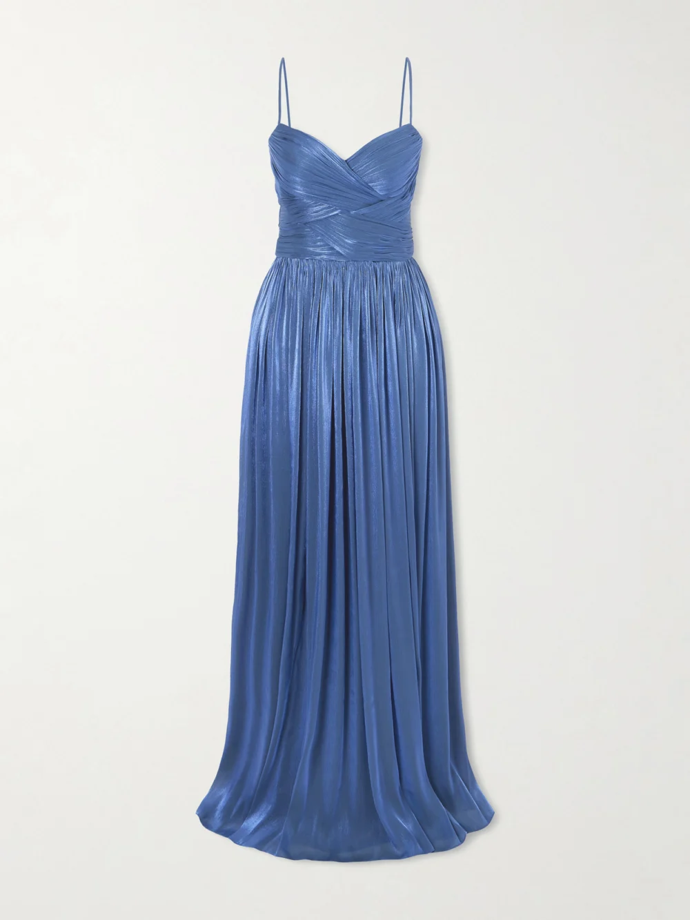 Costarellos Sereen Draped Pleated Metallic Georgette Gown in navy