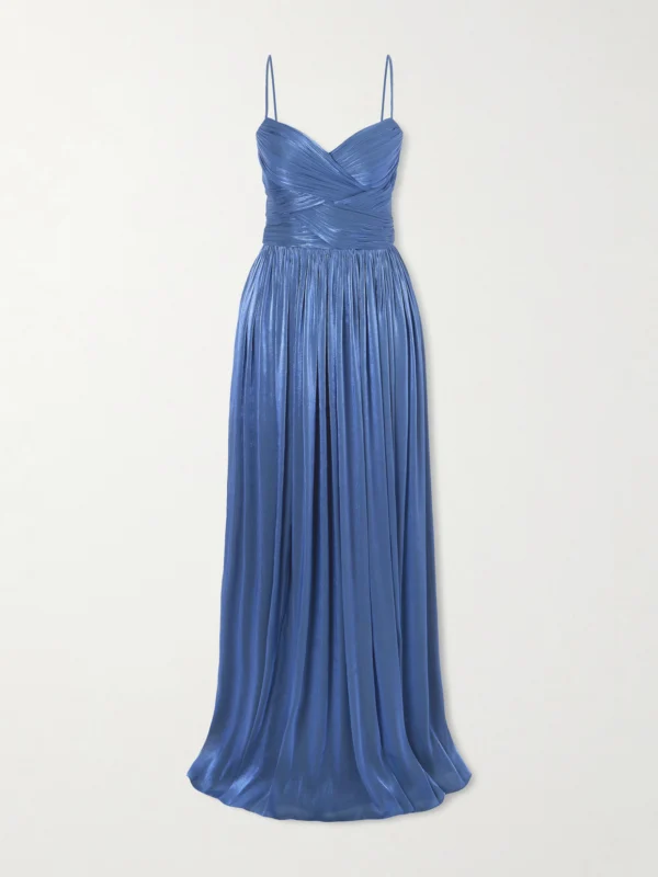 Costarellos Sereen Draped Pleated Metallic Georgette Gown