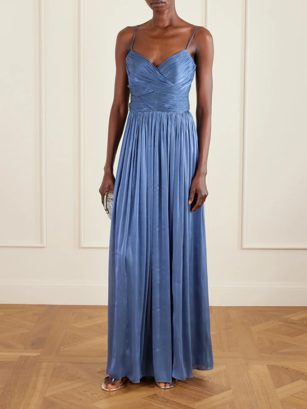 Costarellos Sereen Draped Pleated Metallic Georgette Gown, worn by a model