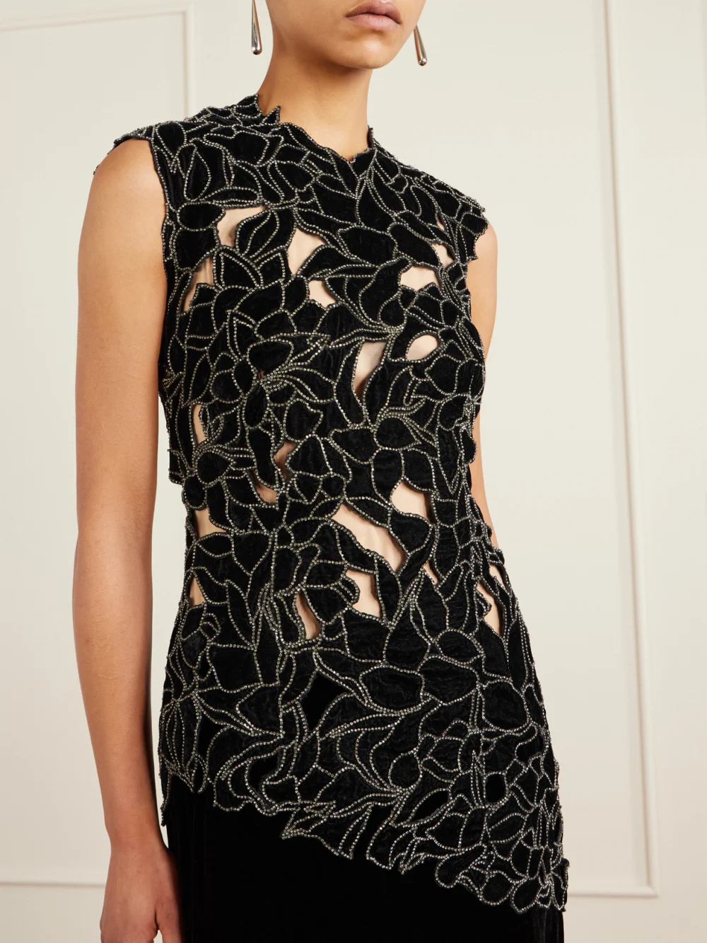 Close-up detail of the Costarellos Serisa Crystal-embellished Velvet Gown