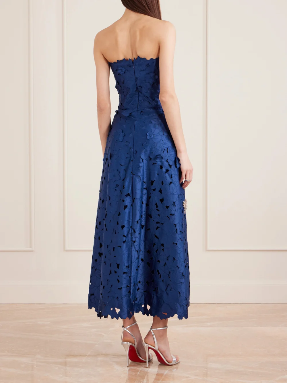 Back view of the Costarellos Strapless Crystal-embellished Corded Lace Midi Dress