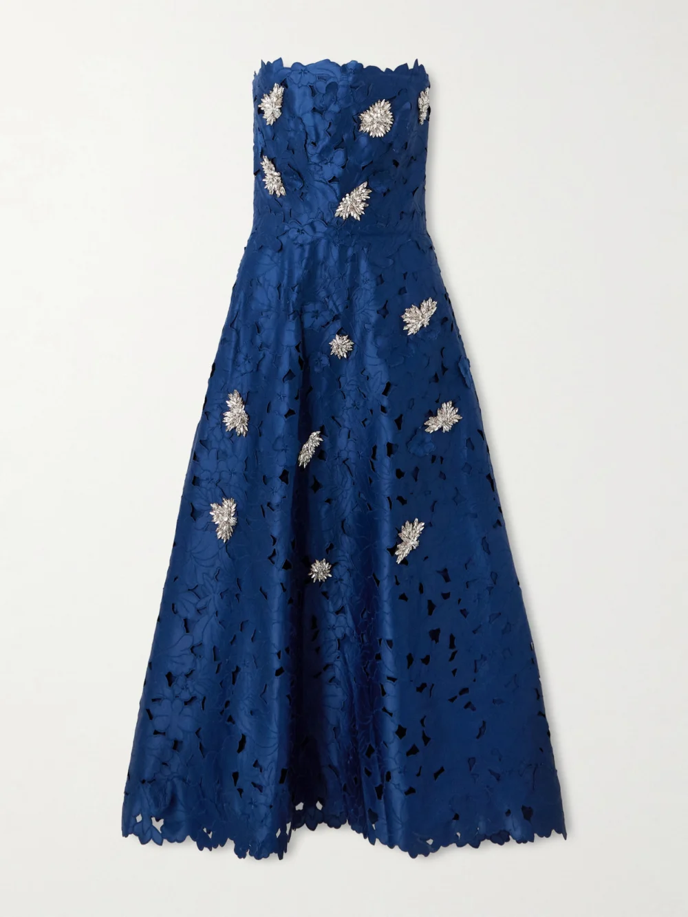 Costarellos Strapless Crystal-embellished Corded Lace Midi Dress in navy