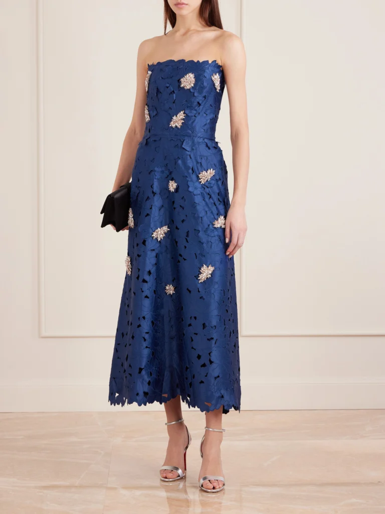Costarellos Strapless Crystal-embellished Corded Lace Midi Dress