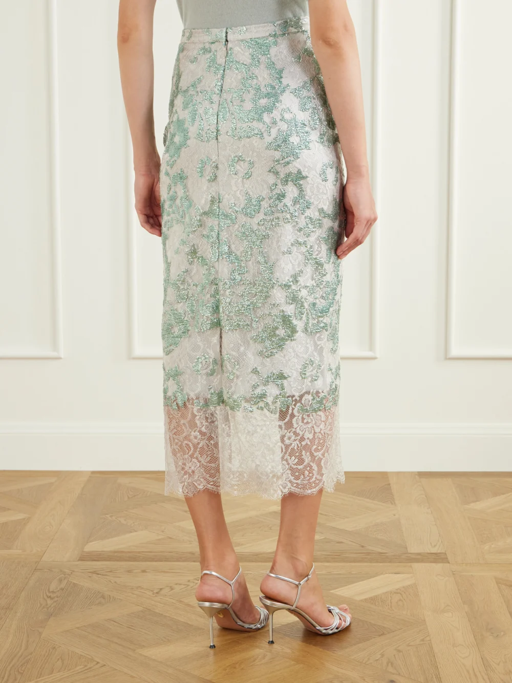 Back view of the Costarellos Tamlin Sequin-embellished Lace Midi Skirt