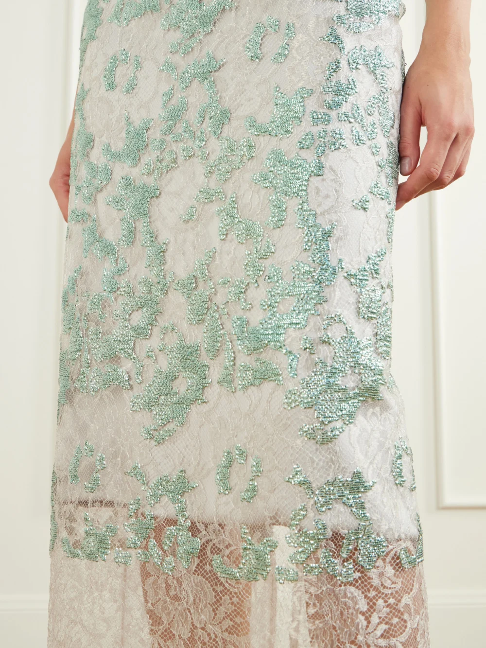 Close-up detail of the Costarellos Tamlin Sequin-embellished Lace Midi Skirt