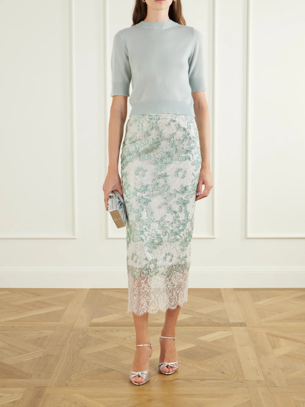 Costarellos Tamlin Sequin-embellished Lace Midi Skirt, worn by a model